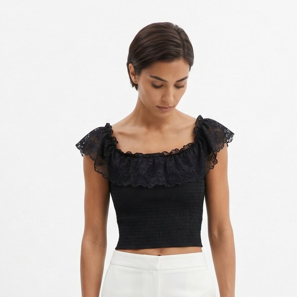 Vintage Andy Blanco Blouse Black Y2K Lace Whimsigoth Coquette Smocked S